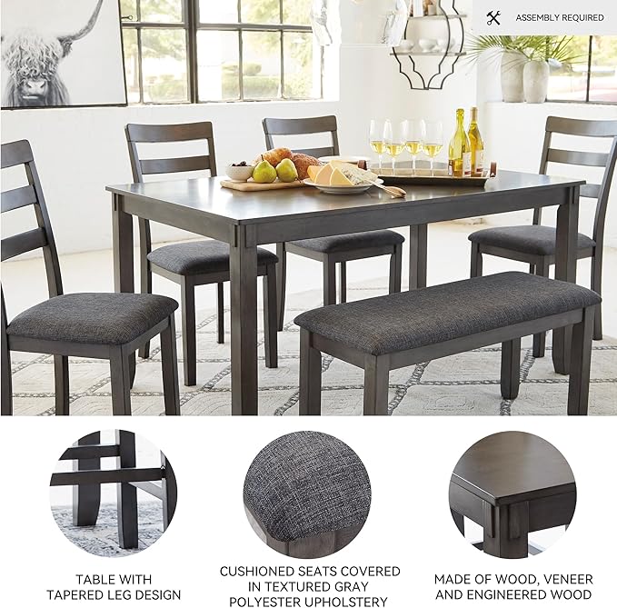 Signature Design by Ashley Bridson Dining Table Set For 6 With Bench, Wood 6‑Piece Kitchen Table And Chairs Set With Upholstered Seats, Transitional Charcoal Gray Dining Room Set For Family Meals