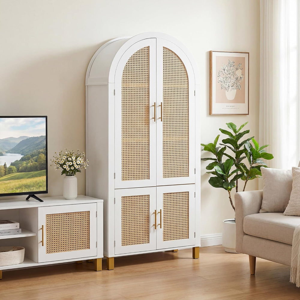 KEIKI 71" Tall Storage Cabinet with Arched Rattan Doors, Freestanding Fl...