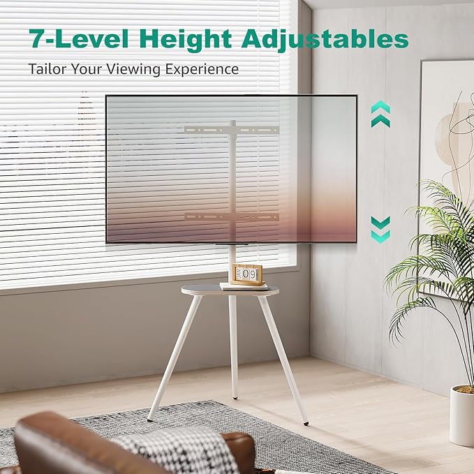 Tripod Easel TV Stand for 43 to 65 Inch LCD Led Screen, Height Adjustable and Swievel TV Stand, Portable TV Floor Stand with Wooden Tray for Bedroom, Living Room, Studio, Metal White.