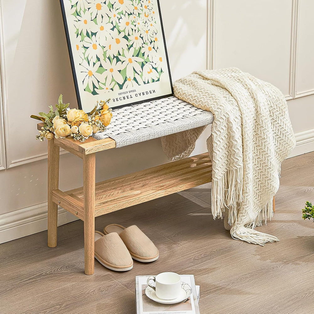 Solid Wood Narrow Bench with Storage, 33.46" Woven Bench for Entryway an...