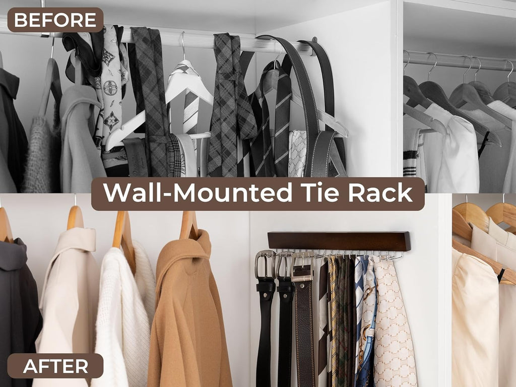 StorageWorks Tie Rack with 20 Hooks, 2-Pack Wall-Mounted Wooden Hangers for Neckties, Belts, Hats, Natural Walnut Color