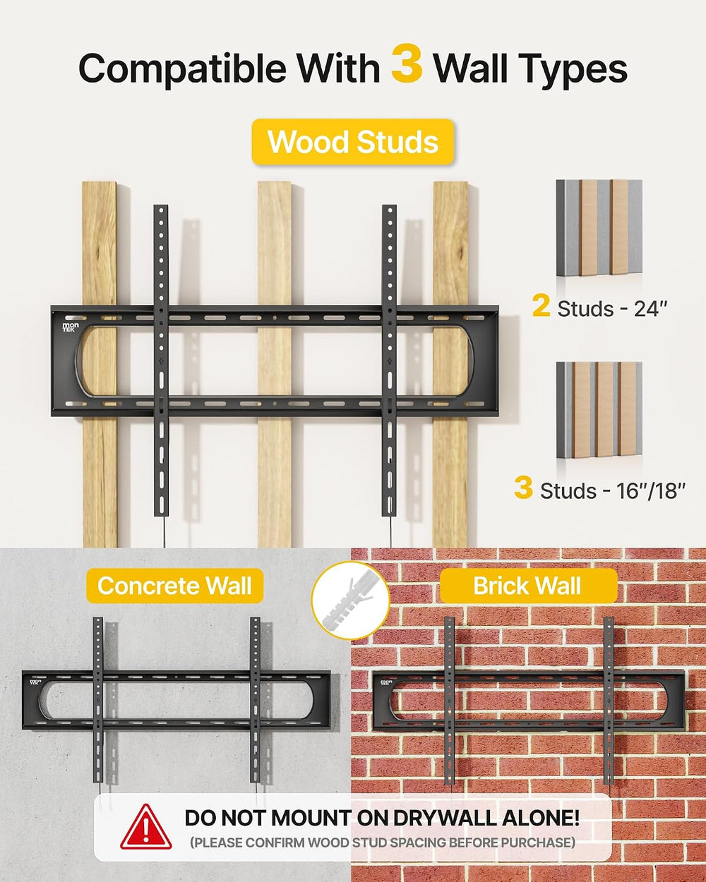 monTEK Heavy Duty Fixed TV Wall Mount for 60-120 Inch TVs up to 300 lb | Ultr...