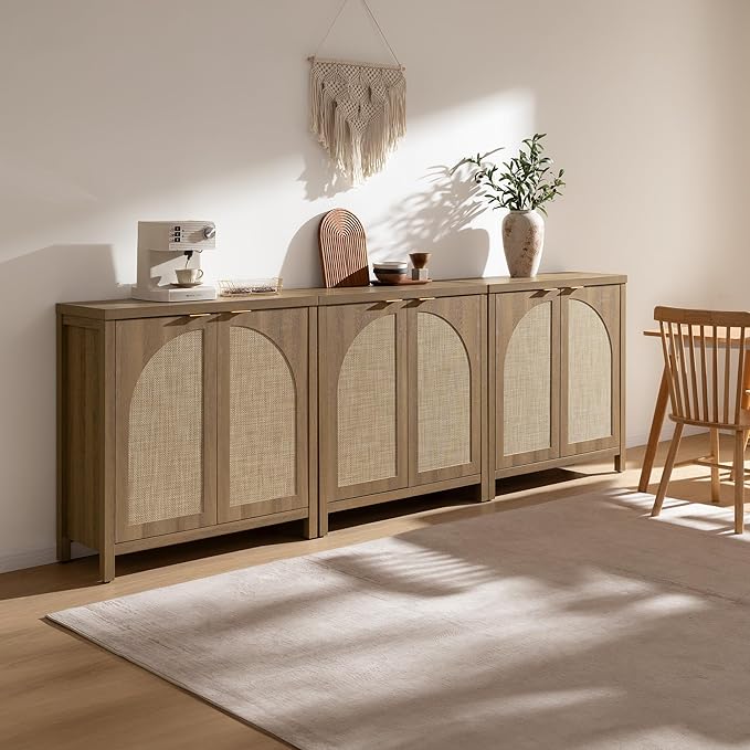 SICOTAS 102" W Rattan Sideboard Buffet Cabinet with Storage Set of 3, Mid Century Modern Credenza with Arch Doors & Shelves Farmhouse Coffee Bar Media Console Cabinets for Living Room, Entryway