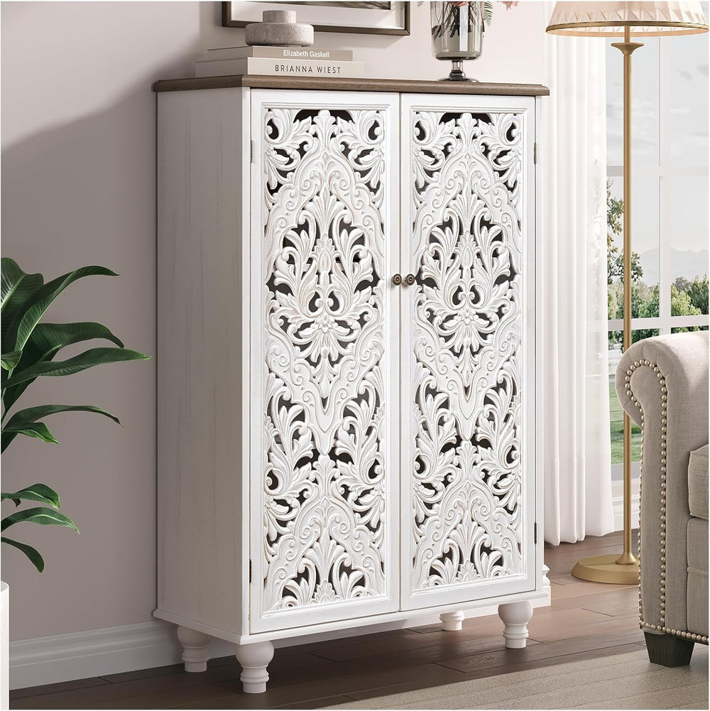 Accent Cabinet with Doors, 47" Tall Buffet Cabinet with Solid Wood Legs,...