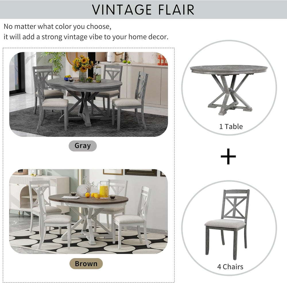 Merax Extendable Round Dining Table Set for 4, Farmhouse Kitchen Table Set wi...