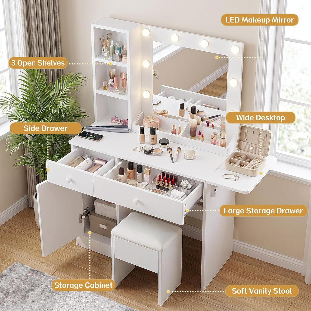Haewon White Makeup Vanity Desk with Lighted Mirror and Storage Chair | Vanit...