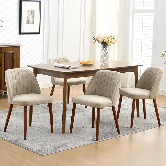 Wooden Dining Chairs Set of 4, Upholstered Kitchen Dining Room Chairs with Padded Seat and Wood Legs, Modern Fabric Side Dinner Chair for Kitchen, Dining Room, Restaurant, Cafe, Camel