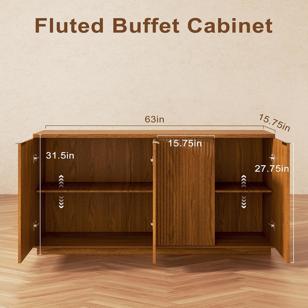 Fluted Sideboard Buffet Cabinet, 63" Wooden Credenza Storage Cabinet wit...