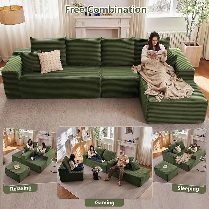 135" Cloud Sectional Couch with L-Shape Chaise, Modern Modular Comfy Sofa Chaise Longue, Upholstered Corduroy Couches Sleeper with Deep Seat for Living Room Bedroom, No Assembly Required, Green