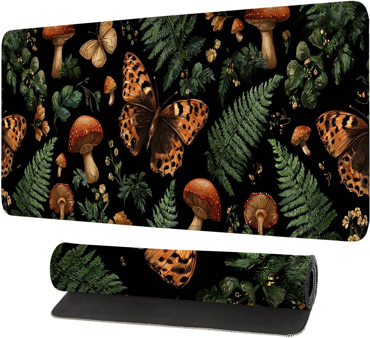 Vintage Butterfly Mushroom Mouse Pad – Large Extended Desk Mat 31.5 x 11.8 in– Dark Forest Aesthetic with Ferns & Fungi, Waterproof Surface, Non-Slip Rubber Base, Keyboard & Mouse Pad