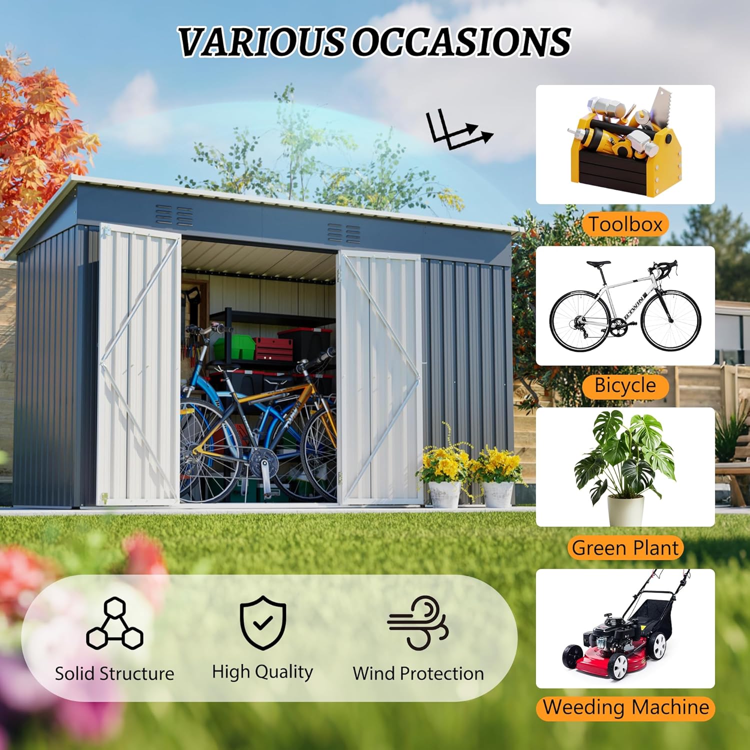 4'x10' Metal Shed Outdoor Storage Shed,Metal Steel Utility Tool Shed Storage House with Double Lockable Doors and Air Vent for Backyard Garden Patio Lawn Gray