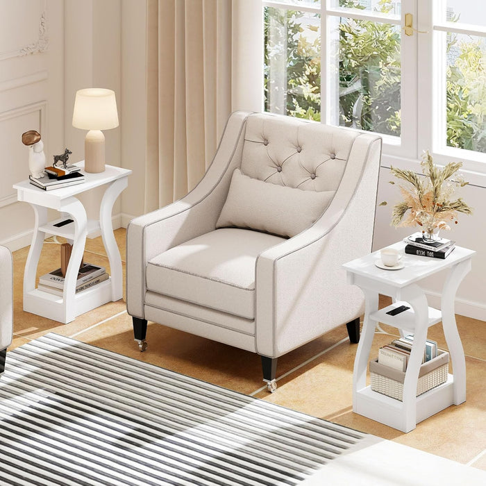 GIANTEX Narrow End Tables with Charging Station Set of 2, Wood Sofa Side Tables with Open Storage Shelves, Bedside Tables with USB Ports & Outlets, Modern Nightstands for Living Room, Bedroom, White