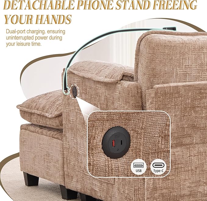 Ball & Cast Modular Sectional Sofa,L Shaped Couch with Movable Storage Ottoman,Chenille Upholstered Sofa W/USB Charging Port,Phone Holder and Side Pocket,for Living Room,Apartment,Khaki,109"