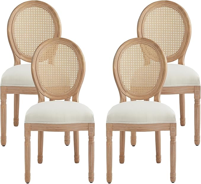 Nrizc French Country Dining Chairs Set of 4, Farmhouse Fabric Chairs with Round Back, Woven Rattan Dining Chair, Oval Side Chairs for Dining Room/Living Room/Kitchen/Restaurant