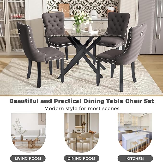 51 Inch Glass Dining Table Set for 4, Rectangular Glass Kitchen Table with 4 Upholstered Velvet Accent Chairs, 5 Piece Modern Dining Room Set, for Home, Apartment, Small Spaces - Grey Black