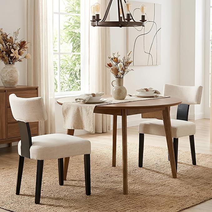 HNY Mid Century Modern Farmhouse Dining Chairs Set of 2, Linen Upholstered Accent Chair Curved Backrest Kitchen Chairs, with Black Hardwood Frame, Beige