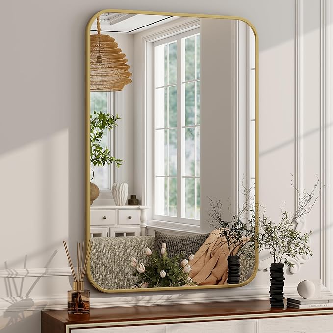 20 x 28 Inch Bathroom Mirror, Rounded Rectangular Vanity Mirror for Wall, Modern Mirror for Room Decor, Gold Framed Wall-Mounted Mirrors for Home Decor, Hangs Horizontally or Vertically