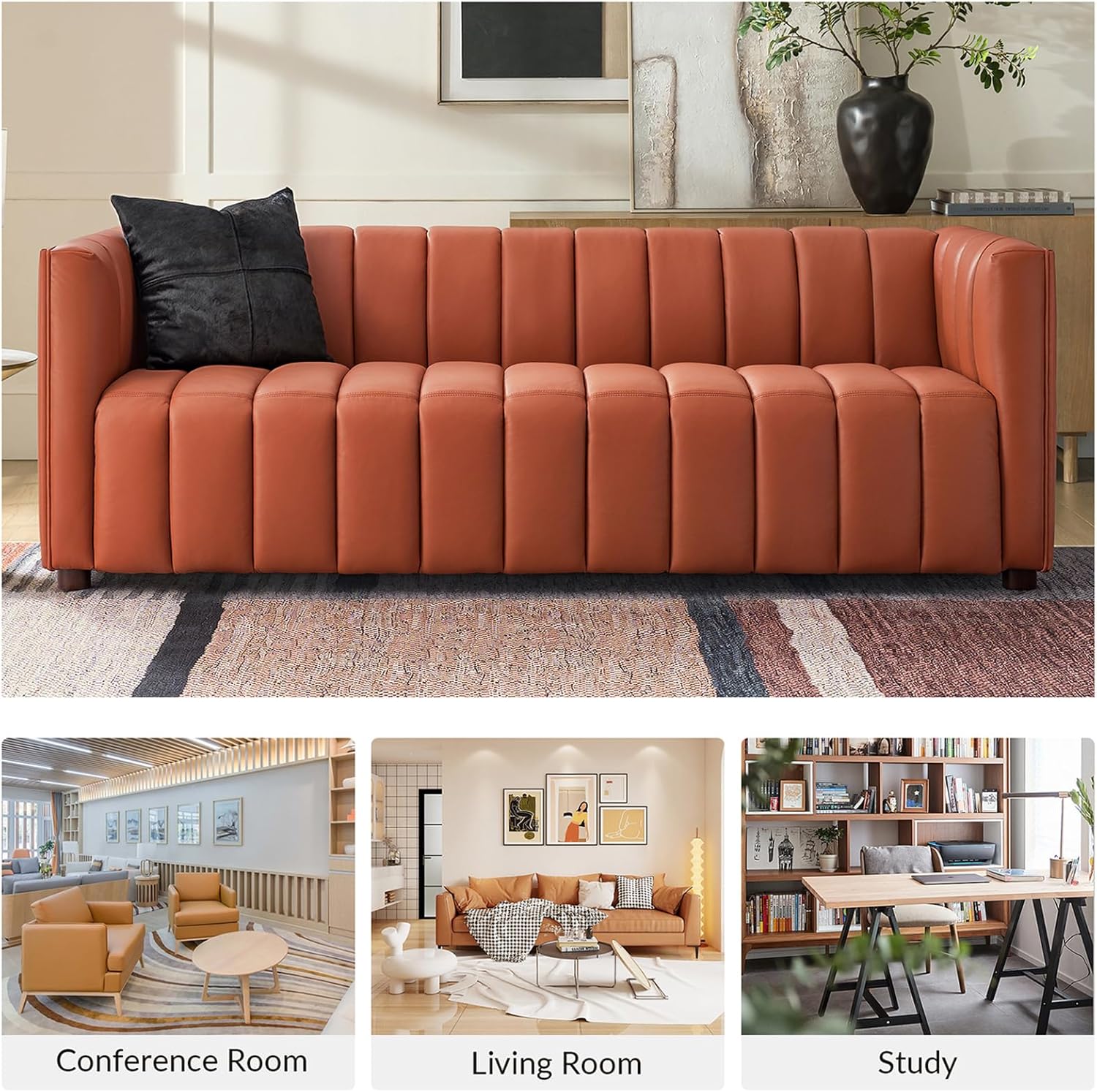 HULALA HOME 83" Genuine Leather Sofa with Channel Tufted Design, Brick | Modern 3-Seater Couch with Wood Legs, Supportive Seating, Easy Assembly, for Living Room Bedroom Apartment