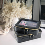 Aveniee Clear Makeup Bag Organizer, Portable Travel Toiletry Cosmetic Bag Case for Women, Heavy Duty Clear Pouch with zipper with Transparent Vinyl Windows & Gold Zippers(Black)