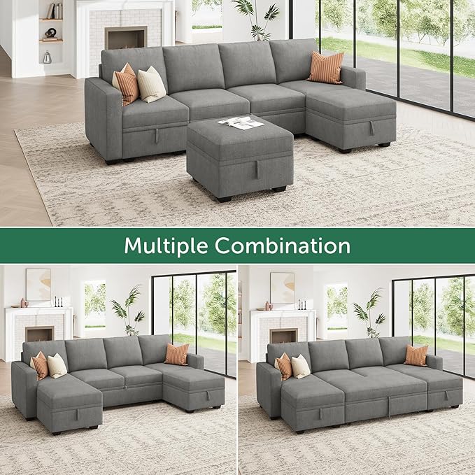 HONBAY Modular Sectional Sleeper Sofa Bed, Chenille Pull Out Couch with Storage Ottoman, U Shaped Sectional Couches for Living Room, Warm Grey