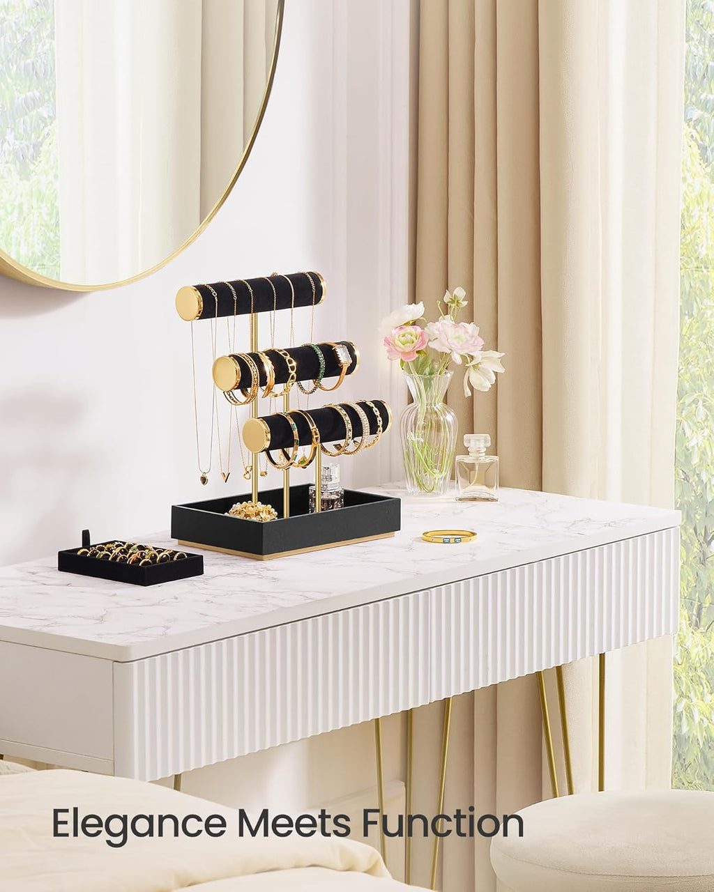 SONGMICS Bracelet Holder Stand, Jewelry Display Stand, Jewelry Organizer, with 3 Tiers and Velvet Tray, Removable Ring Holder, Christmas Gift, Ink Black UJJS027B01