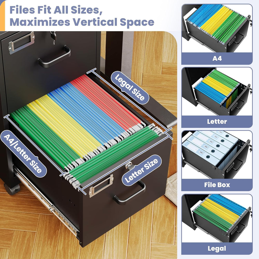 2-Drawer Rolling File Cabinet with Lock, Mobile Vertical File Cabinet for Han...