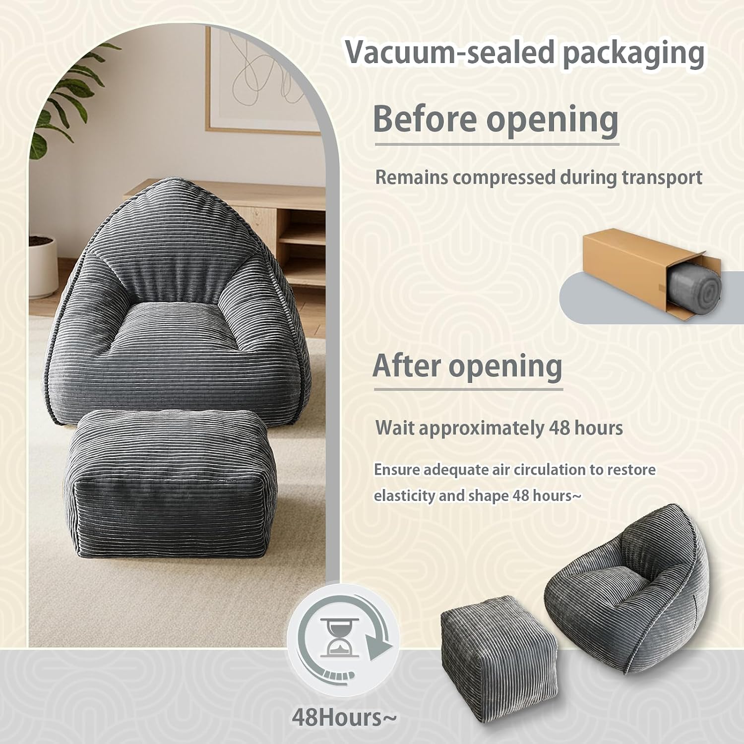 Bean Bag Chair with Ottoman, Bean Bag Sofa,Accent Chairs,Corduroy Fabric, Comfortable Reading Chairs for Living Room, Bedroom, Reading Nook,Modern Lounge Reclining Chair with Footrest (GRAY, Medium)