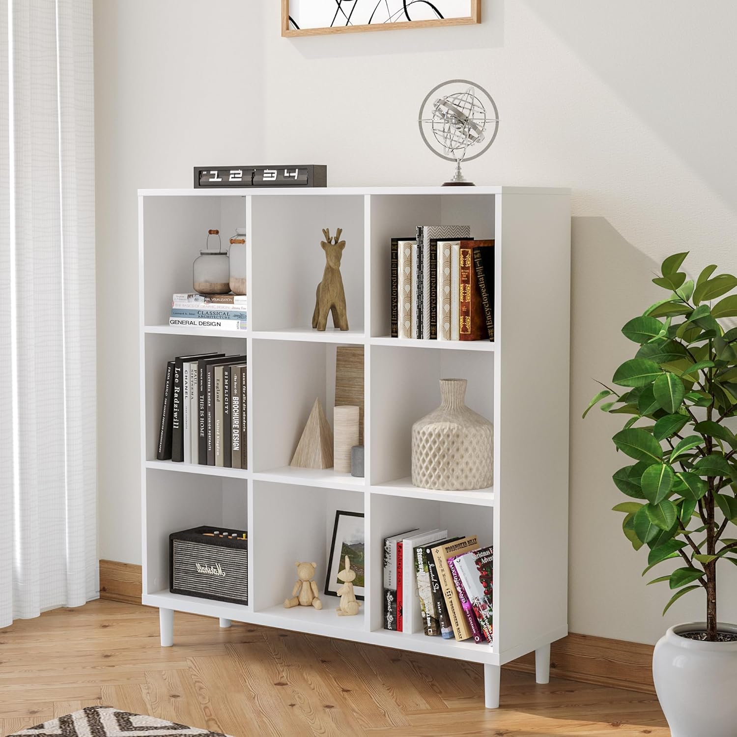 Wood Cube Storage Organizer White Bookshelf - 3-Tier Freestanding Storage Cabinet with Legs for Home Office, 9-Cubes Open Shelf