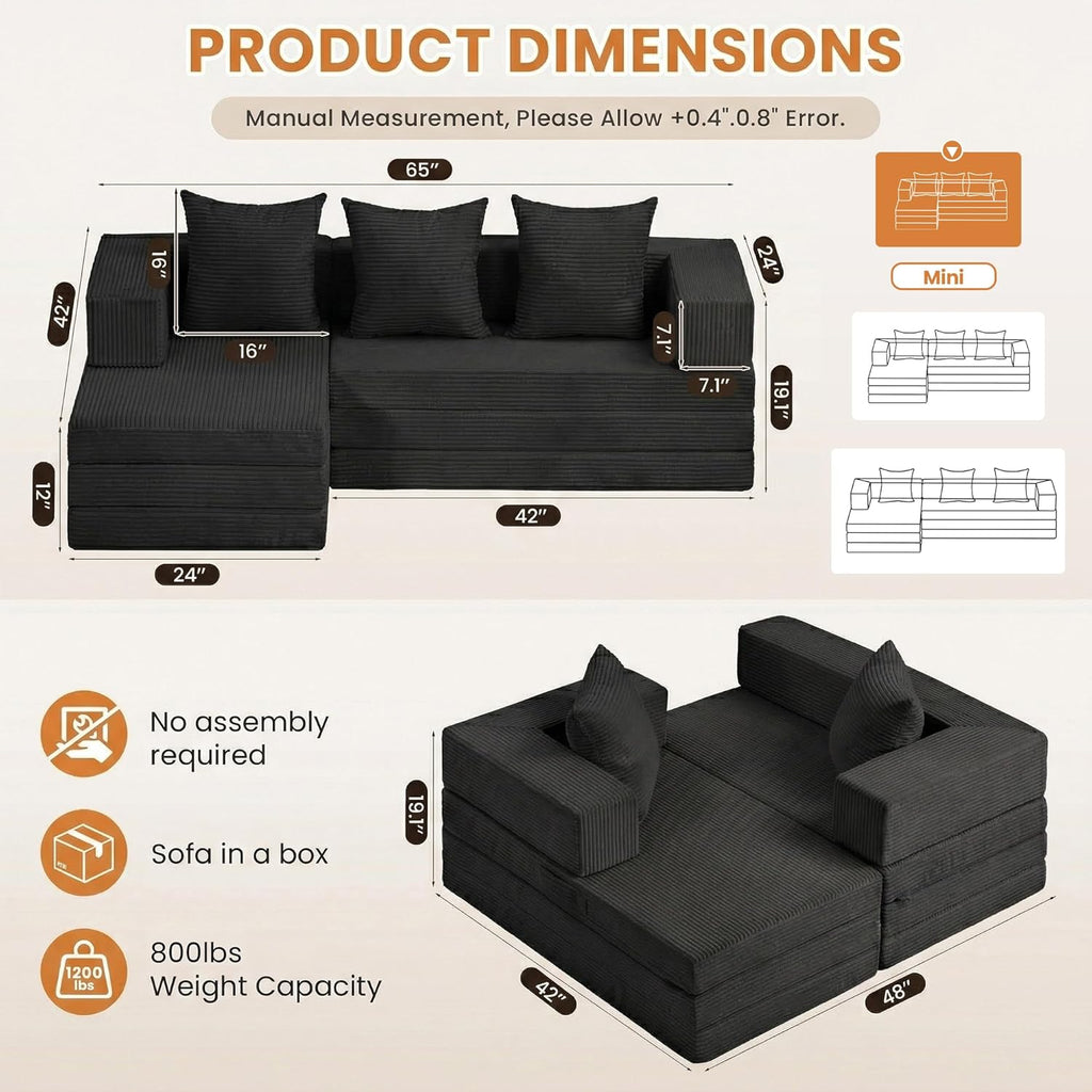 65" Boneless Couch,Convertible Sleeper Sofa Bed, Modular Sectional Sofa, Modern Tri-Folding Cloud Couch with L-Shape Chaise, Corduroy Futon Couches for Living Room Small Spaces Apartment,No Assembly
