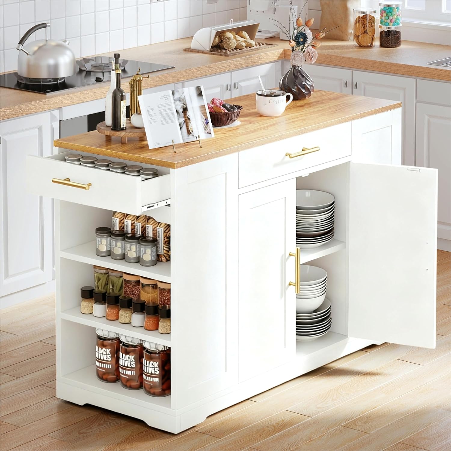 DWVO Large Kitchen Island with Trash Can Cabinet | 53 Inch Kitchen Island on Wheels, Rolling Island with Tilt‑Out Garbage Storage Fits 13 Gallon Bin