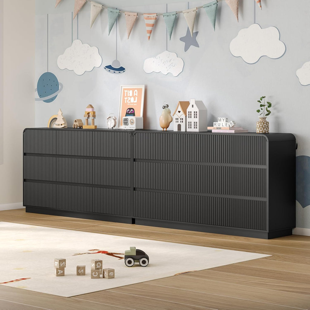 Dresser for Bedroom with 9 Drawers, Fluted Chest of Drawers with Round Curved Corner, Hidden Handles, Modern Wood Storage Organizer for Bedroom, Nursery, Living Room