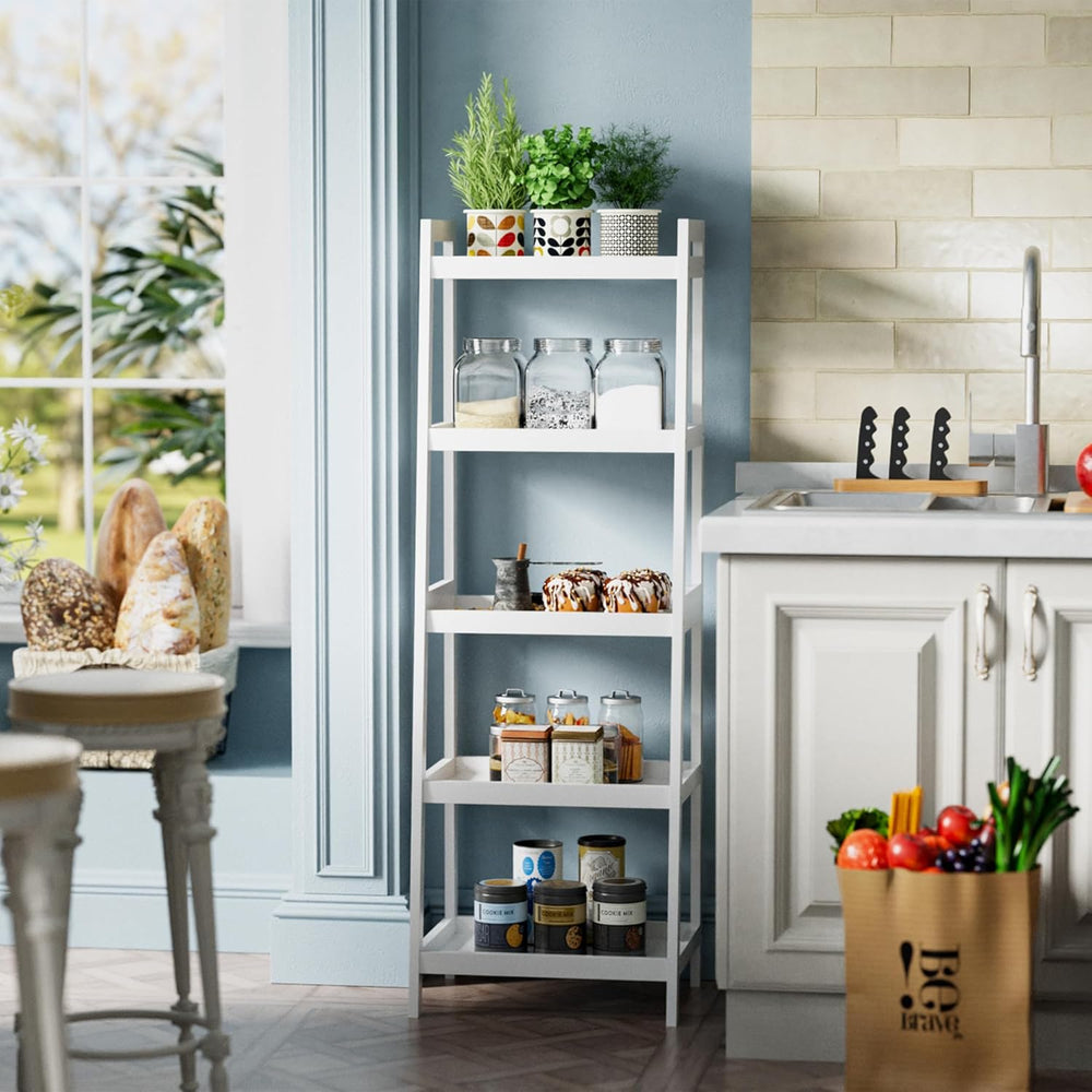 Bamboo Ladder Bookcase 5-Tier Freestanding Shelf, Bathroom Storage Rack &...