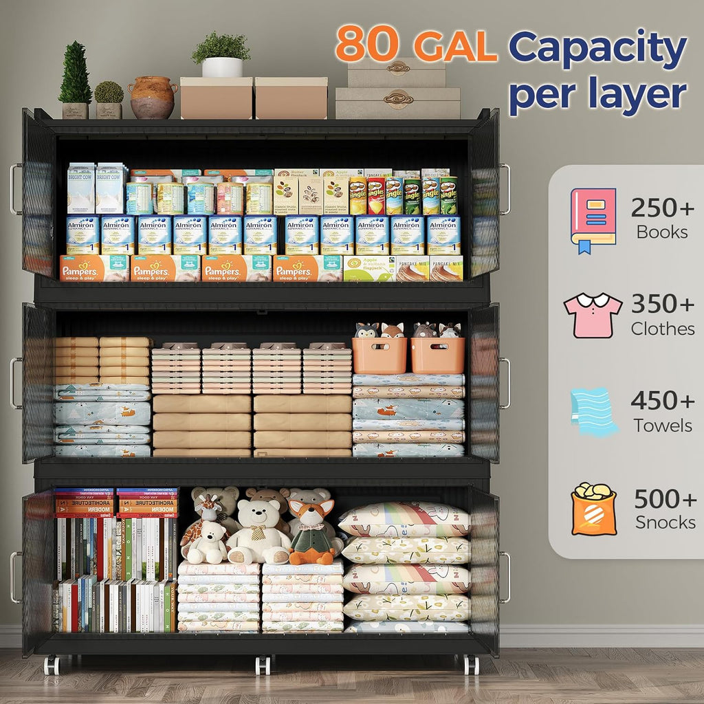 240GAL Extra Large Storage Bins with Lid, 960QT Collapsible Organizer with Wheels, Stackable Closet Cabinet with Doors, Folding Storage Containers for Home, Office, Kitchen, 3Pack Black