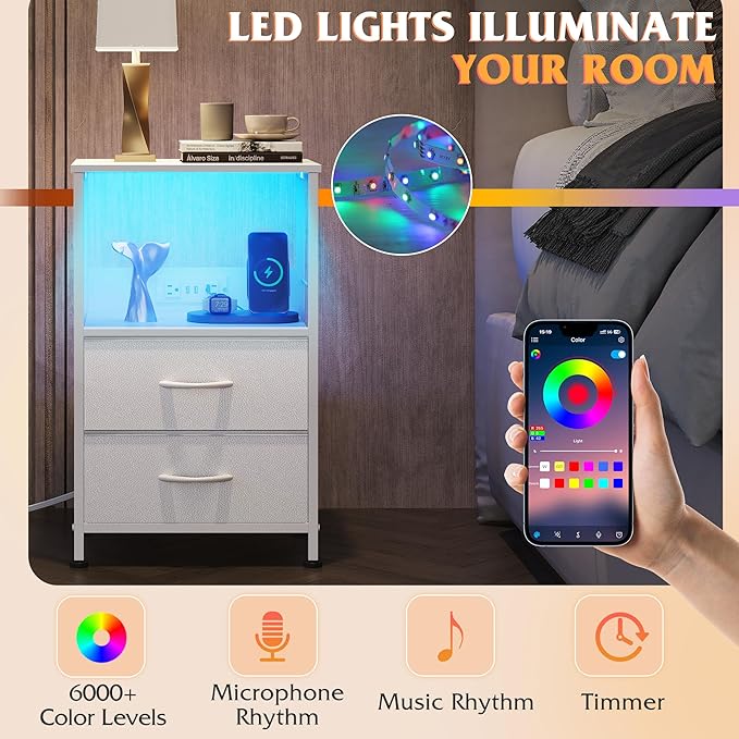 WLIVE White Night Stand Set of 2 with Charger Station, LED Nightstand with 2 ...