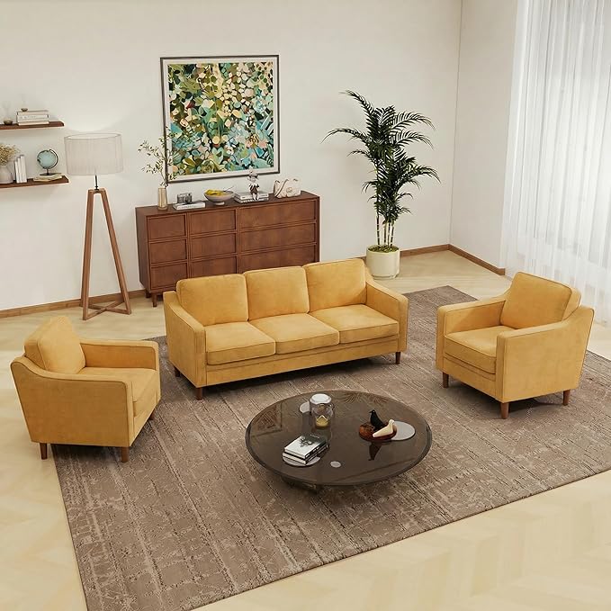 Kingfun Living Room Furniture Sets, 3 Seater Couch and 2 Armchair, Mid Century Modern Sofa Set, Chenille Couch with Solid Wood Frame for Living Room & Bedroom, Yellow