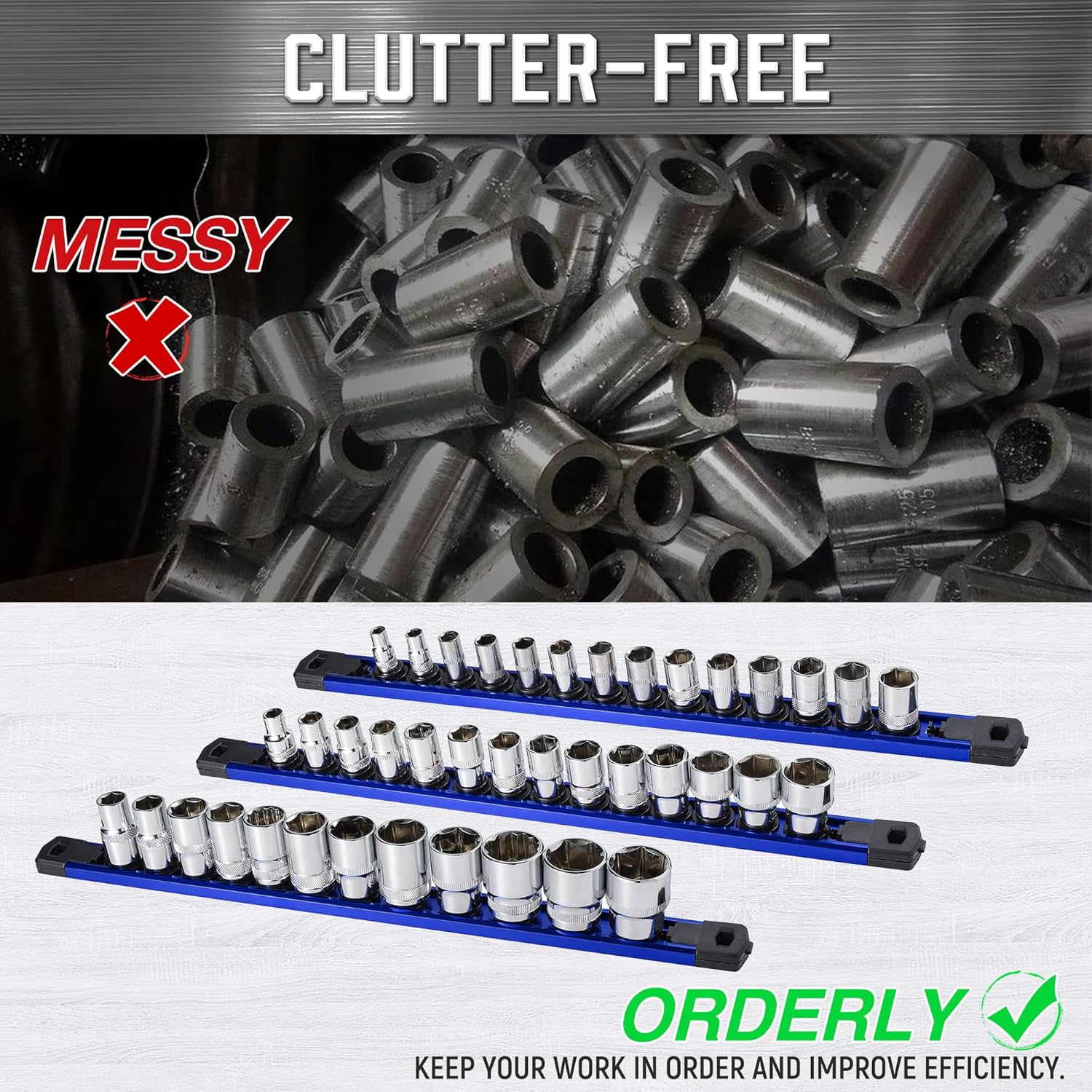 ALOANES 6-Piece Magnetic Rail Organizer, Heavy Duty Aluminum Rails, 360 Swivel Clips Socket Holder Kit for Tool Box, 1/2, 3/8, 1/4-Inch Socket Holder x 80 Clips (Blue)