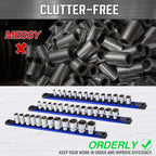 ALOANES 6-Piece Magnetic Socket Organizer, Heavy Duty Aluminum Socket Rails Organizer, 360° Swivel Clips Socket Holder Kit for Tool Box, 1/2, 3/8, 1/4-Inch Socket Holder x 80 Clips (Black&Blue)