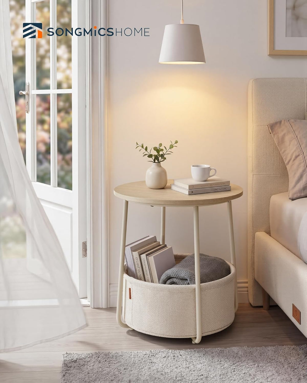 SONGMICS HOME Small Side Table, Round End Table, 2 Tier Nightstand with Baske...