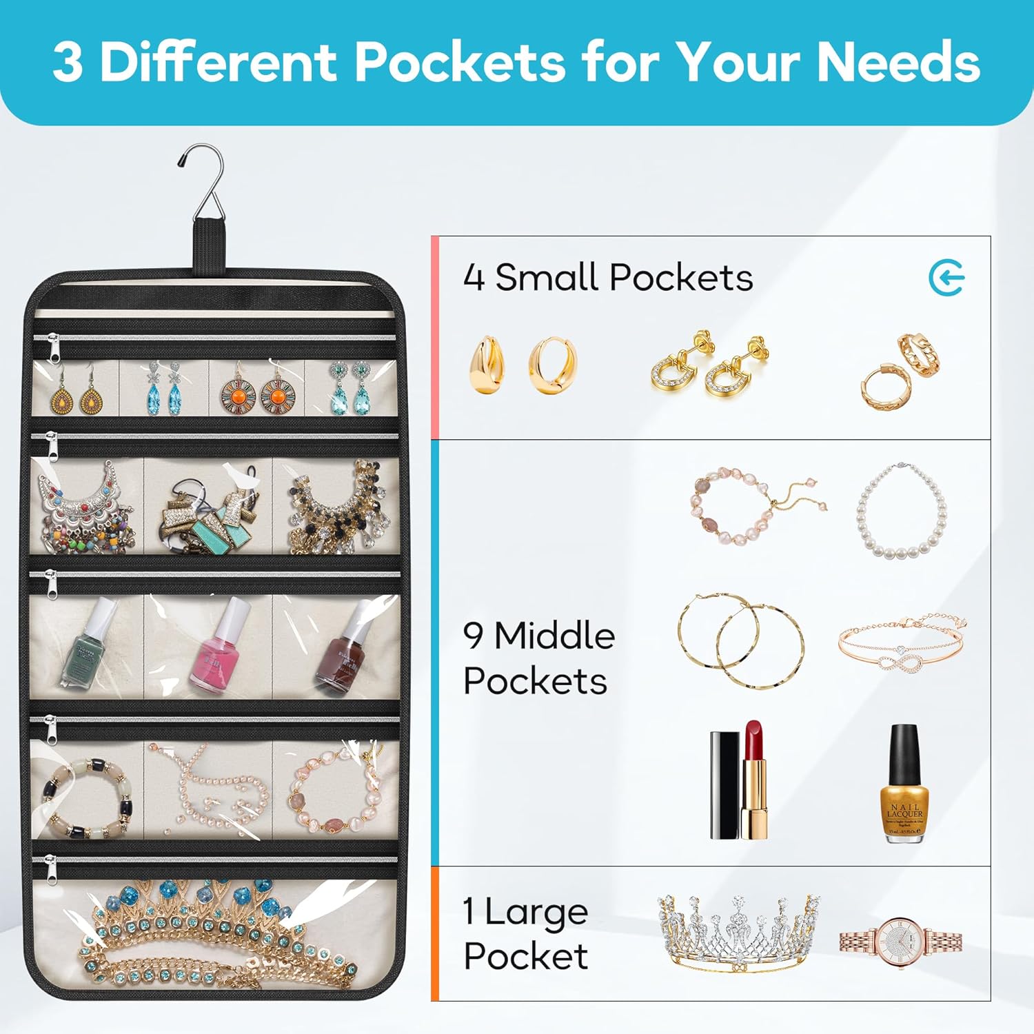 MISSLO Hanging Jewelry Organizer Travel Foldable Jewelry Roll Storage Case with 14 Cotton Zippered Pockets for Traveling, Closet, Suitcase