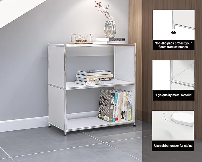 32-Inch 2-Tier Metal Bookcase, Open Shelf Storage Organizer for Living Room, Bedroom, Side Table or Nightstand Use, Modern DIY Assembly, White