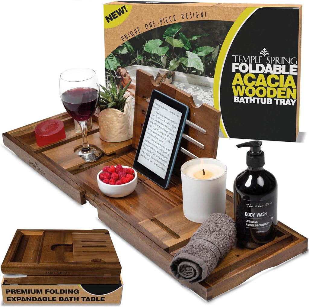 Temple Spring Foldable Bathtub Tray, Unique Design Selfcare Bathroom Caddy, Acacia Spa Bathroom Tray, Wooden Bathtub Accessories, Wedding Gift/Birthday Gift/New Home Bath Table – Not Teak