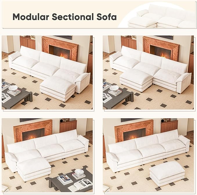 Furniwell 119" Modular Couch 3-Seat Sofa with Reversible Ottoman, Cloud Couch L Shaped Sofa with Deep Seat, Chenille Sectional Couches for Living Room