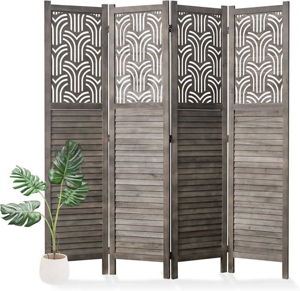 Svimi Folding Room Divider, 66.9 Inch 4 Panels Wood Carved Privacy Screens, F...