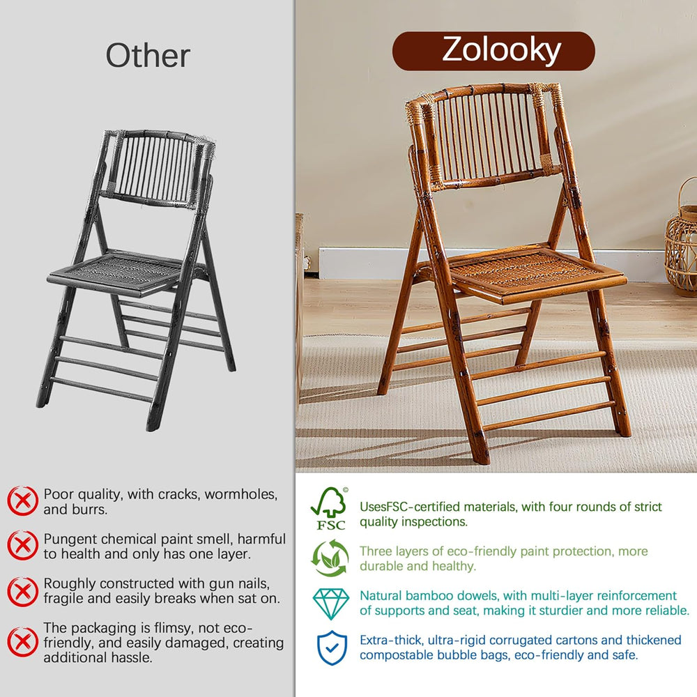 2 Pack Certified Bamboo Folding Chair, Completely Upgraded Foldable Vintage D...