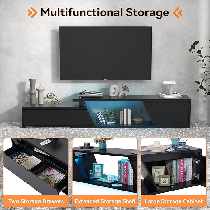 Verano Garden Extendable TV Stand with Led Lights, Wood TV Media Console with 2 Drawers & 1 Cabinet, Modern Entertainment Center Up to 90 Inch TV for Living Room Bedroom, 63" - 90.6" (Black)