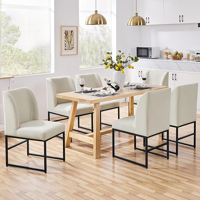 Yaheetech Upholstered Dining Chairs Set of 6 Modern Kitchen Chairs with Mid Back Padded Seat and Metal Legs for Dining Room, Living Room, Restaurant, Armless Design, Beige