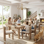 HNY Modern Farmhouse Linen Dining Chairs Set of 6, Beige Fabric Upholstered Dining Room Kitchen Chairs with Natural Wood Frame & Curved-Back, Armless Accent Wood Chairs for Dining Living Room