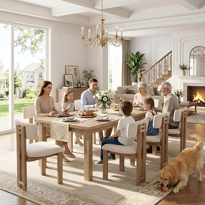 HNY Modern Farmhouse Linen Dining Chairs Set of 6, Beige Fabric Upholstered Dining Room Kitchen Chairs with Natural Wood Frame & Curved-Back, Armless Accent Wood Chairs for Dining Living Room