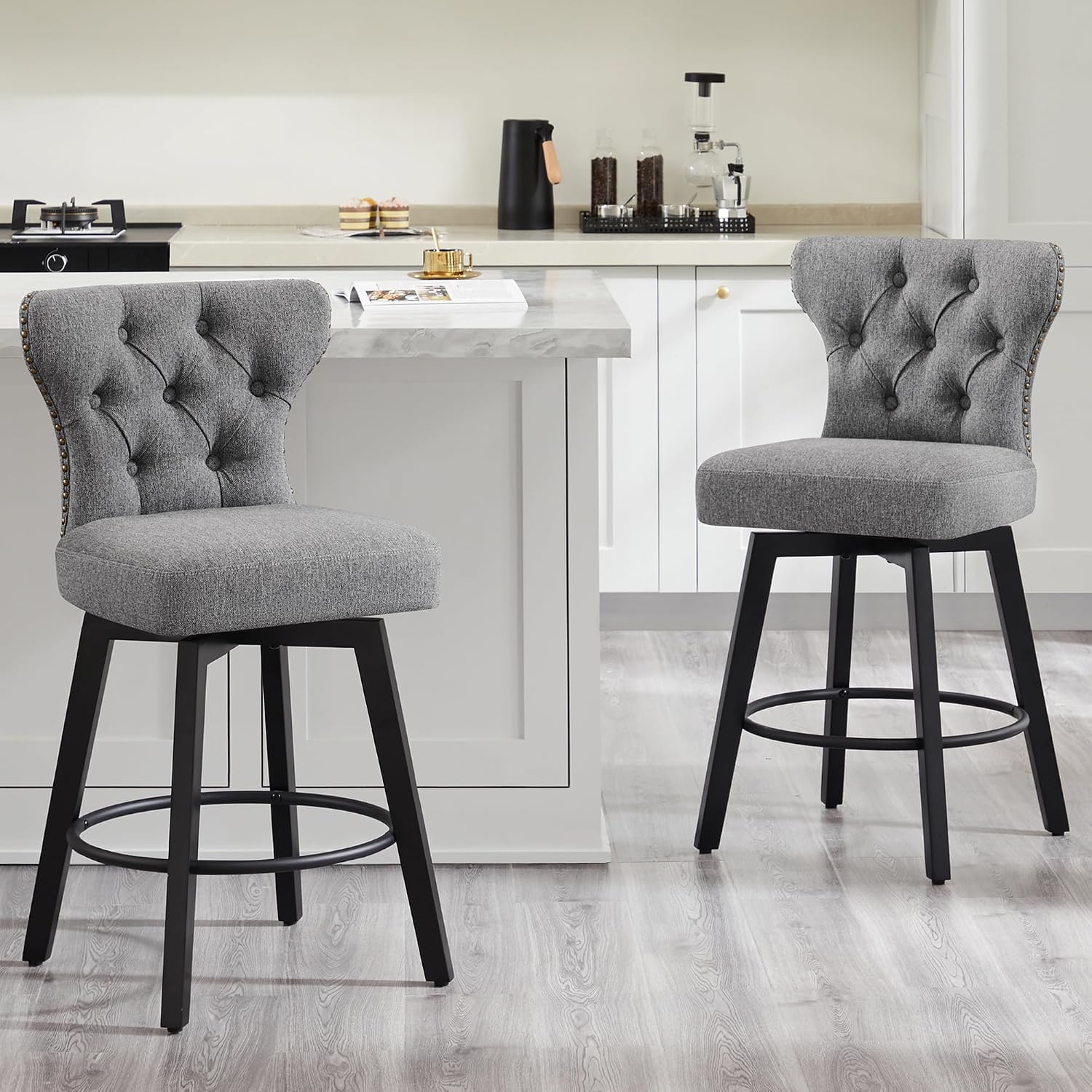 Counter Height Barstools 26 inch Upholstered Button Tufted Swivel Bar Stools with Back and Wood Legs for Kitchen Island,Set of 2,Grey-Nailhead Trim