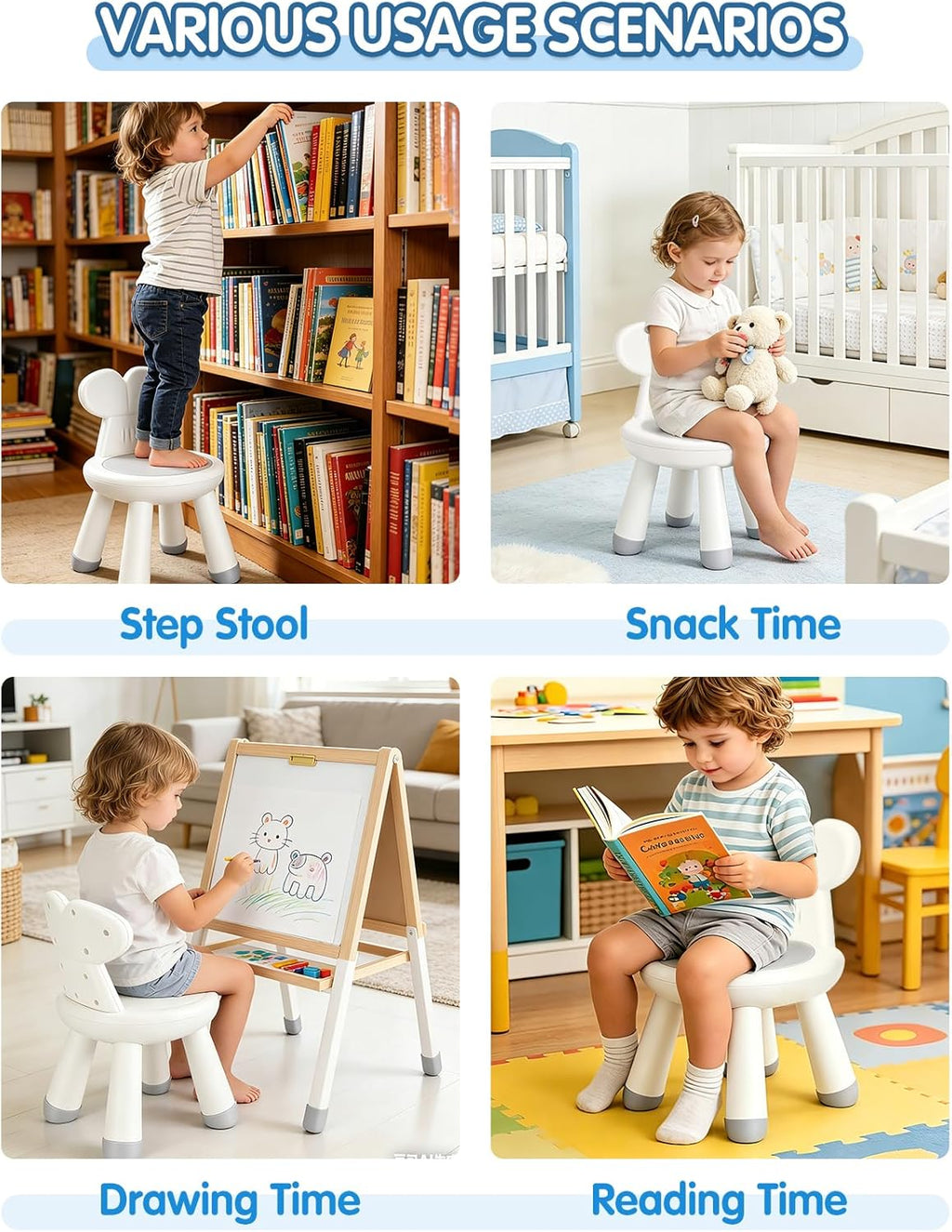 Toddler Chair for Table, Plastic Kids Chairs for Table with Ergonomic Backrest, Anti-Slip Toddler Indoor Outdoor Chair & Step Stool for Bathroom Kitchen, Easy Clean PP，White